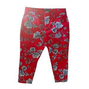 Roz & Ali Red White & Blue Floral Cropped Flat Front Pants Women's Petite 14P